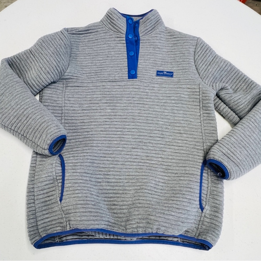 Simply Southern 1/4 Quarter snap pullover Sweatshirt Medium Gray Royal Blue EUC
